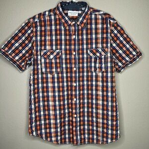Sable & Stone Men's Orange Blue Plaid Seersucker Short Sleeve Shirt Size XL